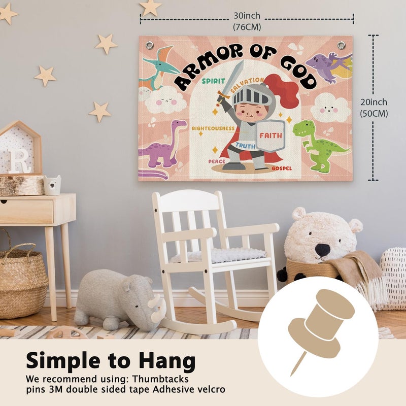 ETVISO Armor of God Dinosaur Inspirational Christian Kids Room Decor - Linen Banner Wall Hanging Canvas Banner Flag Decor for Toddler Kids Bedroom Playroom Classroom - Image 2